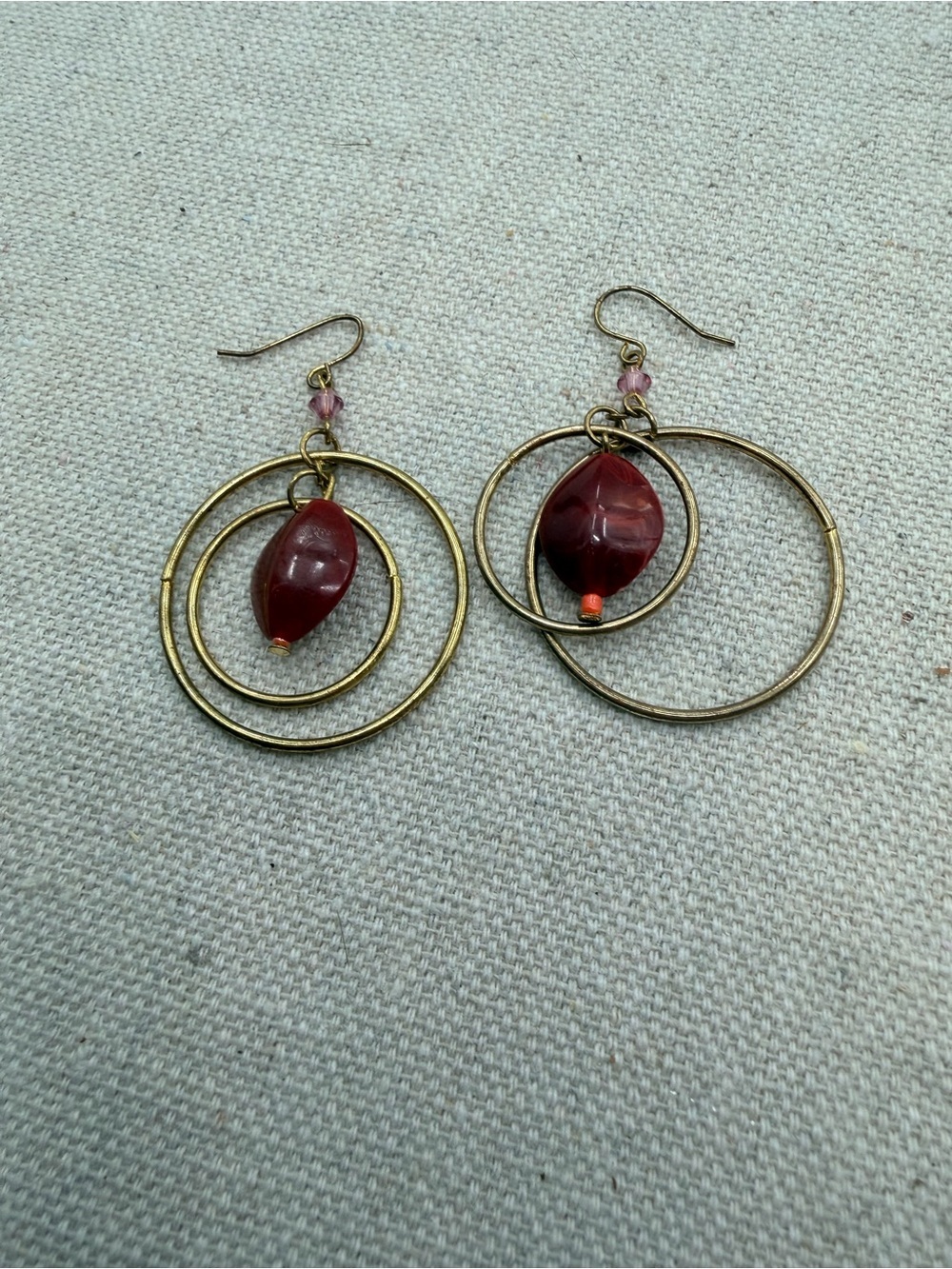 Handmade Gold Hoop Earrings with Deep Red Bead